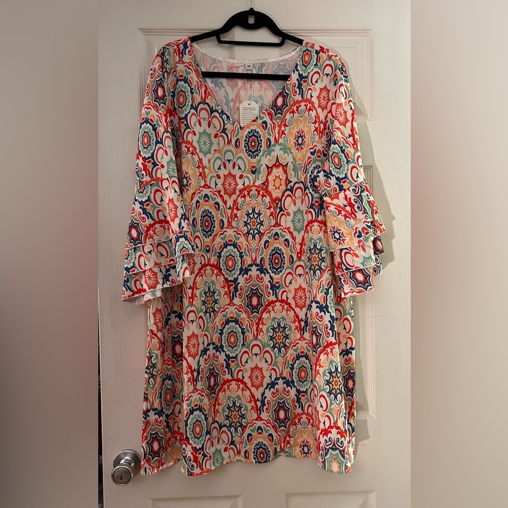 ENXYI Women’s Boho Chic 3/4 Sleeve Rustic Multicolor Mini Dress